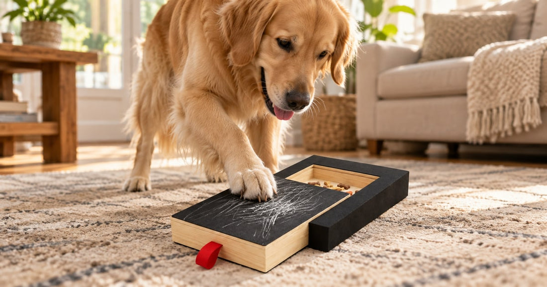 Golden retriever scratching a treat-filled board with its front paws.