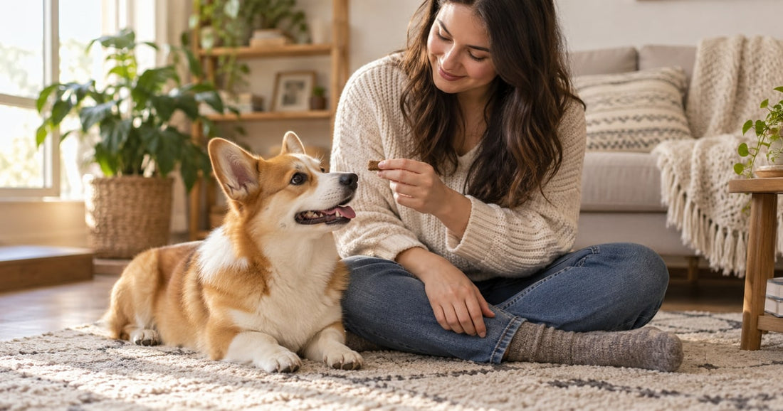 Relaxed corgi beside an owner offering a treat during nail-care training.