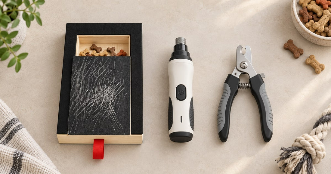 Dog nail scratch board, electric grinder and clippers side by side.