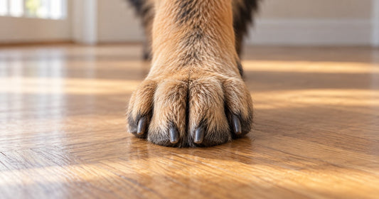 German shepherd front paw with short nails on a wooden floor.