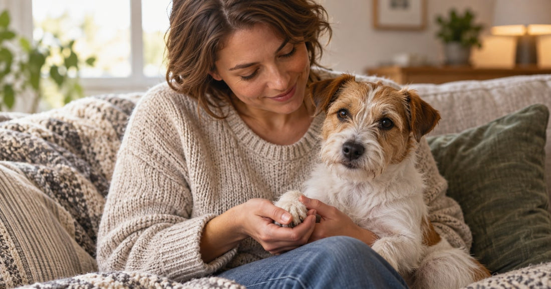 Owner gently holding a small dog’s paw during nail care.