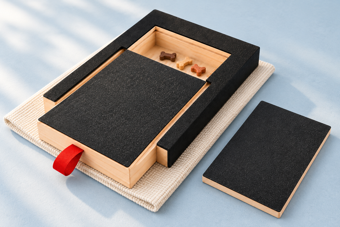 PlayToTrim wooden scratch board with its treat compartment open and a spare abrasive surface beside it.