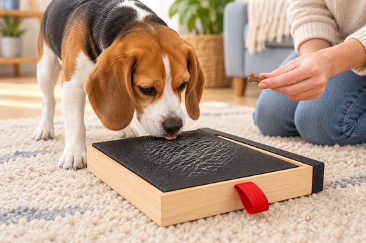 Beagle licking a PlayToTrim scratch board while its owner holds a treat away from the surface.