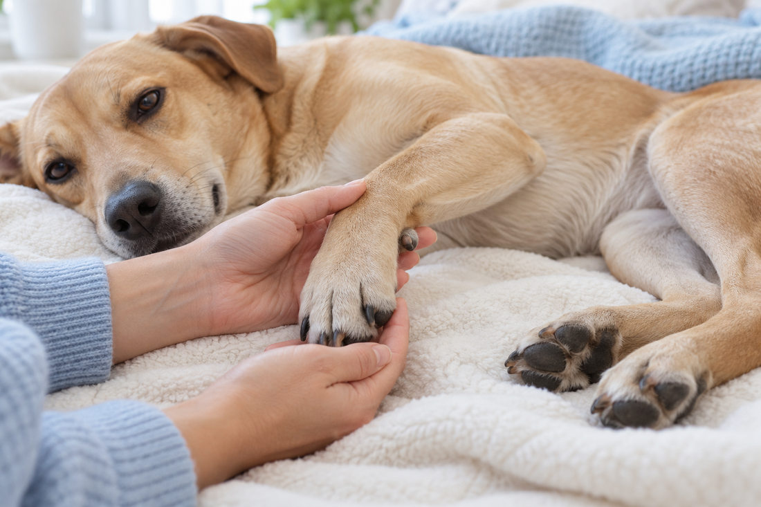 Owner gently inspecting a relaxed dog’s front paw and dewclaw while its back paws rest on a blanket.