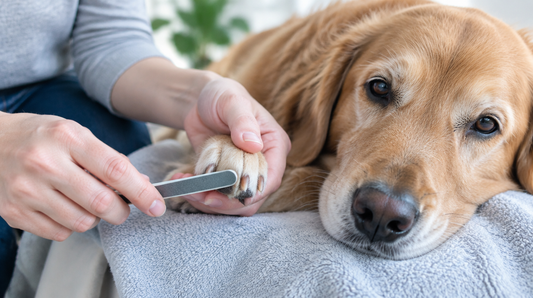 Dog scratching its front paws on an abrasive nail board while a treat waits nearby.