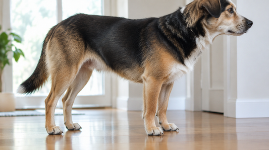 Side view of a dog standing on a wooden floor with nails just clear of the ground.