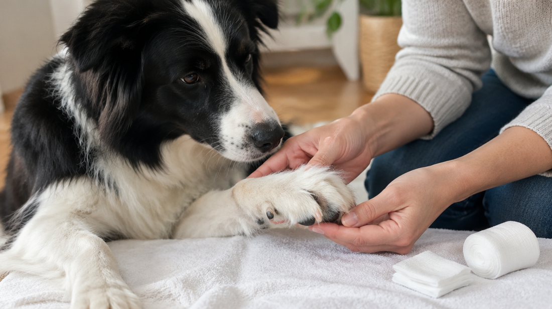 Owner gently examining a dog's front paw and dewclaw on a towel.