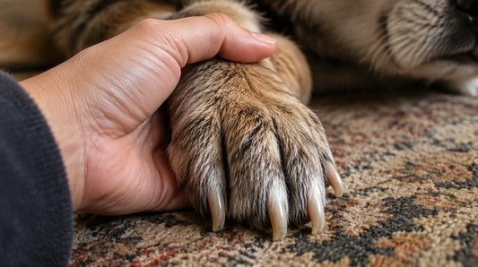 Dog paw with long, curved nails before a trim, photographed from the side.