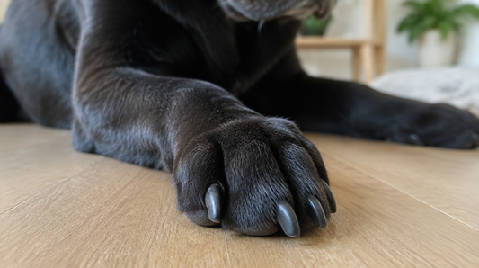 Close-up of a dog's black front nails resting on a light floor.
