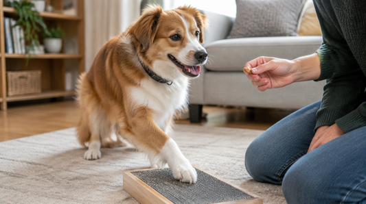 Medium-sized dog scratching a nail board with one front paw beside its owner.