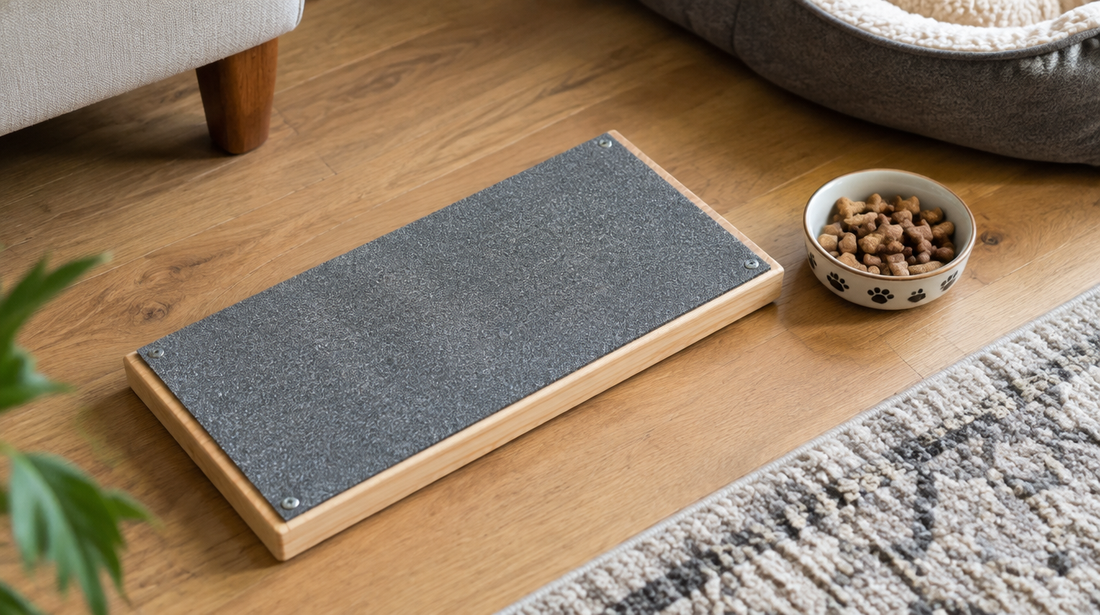 Wooden scratch board with an abrasive surface on a living-room floor.