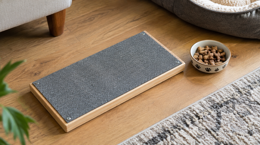 Wooden scratch board with an abrasive surface on a living-room floor.