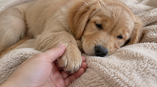 Young puppy lying on a blanket while its owner gently holds a front paw.