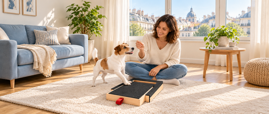 Small terrier practicing with a PlayToTrim scratch board under supervision on a rug in a bright apartment.