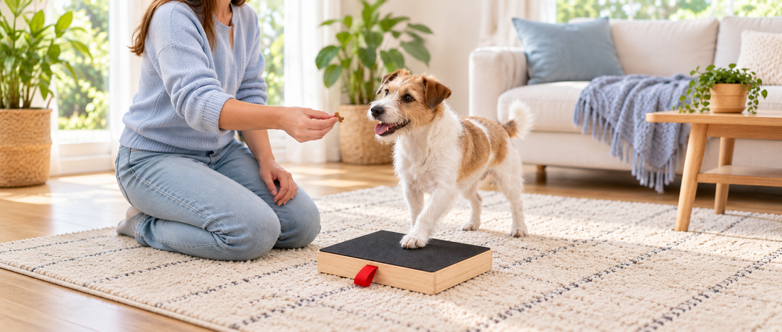 Terrier placing a front paw on a PlayToTrim scratch board while its owner offers a treat.