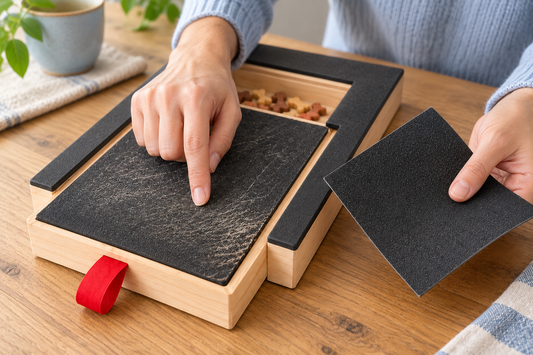 Hands inspecting a worn PlayToTrim scratch surface beside a fresh replacement abrasive sheet.