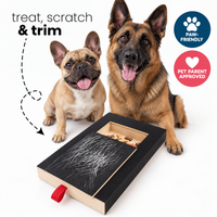 Treat drawer open on the nail scratch board with three dogs