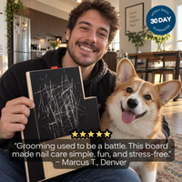 Dog owner holding the PlayToTrim board with his corgi